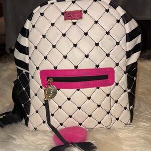 Betsey Johnson White Quilted Backpack with Black Stripes and Hot Pink Accents